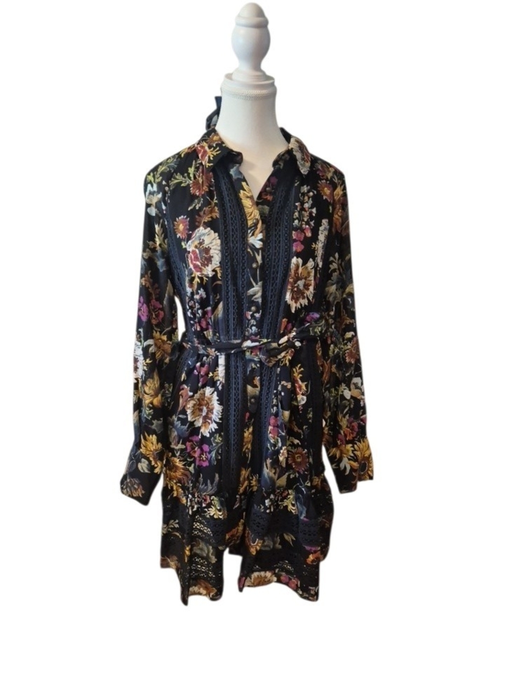 Anthropologie Black Floral Button-Front Belted Dress